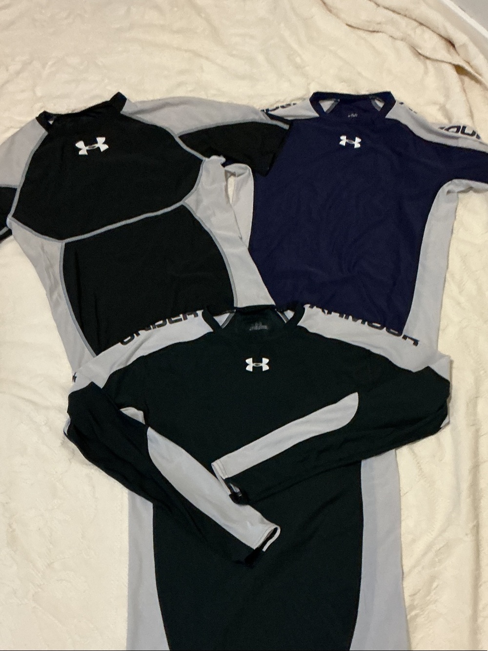 Under Armour Black, Gray & Navy Compression Tops Pack plus shorts